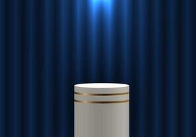 3D cilindro ouro branco prateleira para produtos cortina azul holofotes pano de fundo vetor