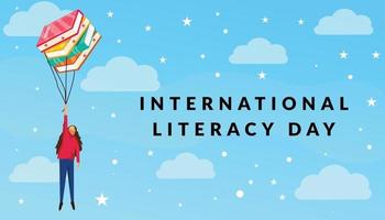 dia internacional da alfabetização. mulher voando com livros vetor