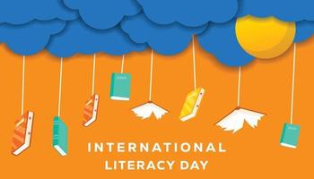 ilustração vetorial dia internacional da alfabetização pendurando livros na nuvem vetor
