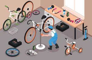 ilustração isométrica de conserto de bicicletas vetor
