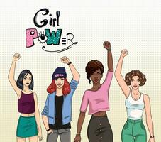 menina poder, feminismo conceito. diferente jovem moderno meninas com mãos acima. colorida ilustração. vetor