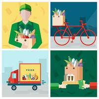 conjunto em Entrega Comida tema. correio, bicicleta, Forma de pagamento para uma comprar. colorida vetor ilustrações coleção dentro plano estilo.