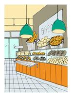 pão departamento mão desenhado colorida ilustração, loja interior. vetor