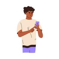 africano americano homem usando Móvel telefone. jovem Preto cara segurando Smartphone, digitando, conversando, surfar Internet. plano vetor ilustração isolado em branco fundo