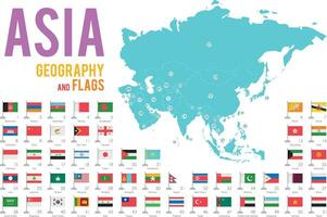 conjunto do 51 bandeiras do Ásia isolado em branco fundo e mapa do Ásia com países situado em isto. vetor
