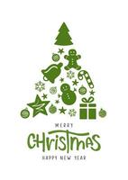 cartão com Natal árvore. alegre Natal e feliz Novo ano letras vetor