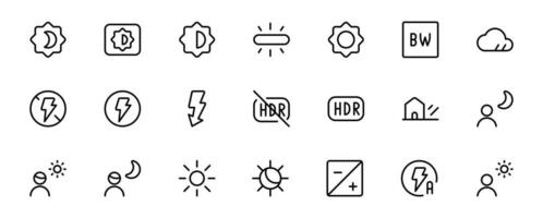 Câmera luz modo ícones, iluminação função ícone esboço plano ícone para apps ícone vetor em branco fundo
