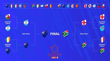 rúgbi torneio suporte com bandeiras do final participantes. rúgbi concorrência 2023 cronograma em abstrato fundo. vetor
