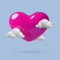 grande Rosa coração vôo dentro a nuvens em a azul céu. romântico 3d vetor ilustração para fevereiro 14 e dia dos namorados dia. três dimensional plástico bebê brinquedo estilo Projeto elementos.