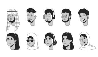 árabe meio Oriental Preto e branco 2d linha desenho animado personagem rostos definir. saudita homem, turco mulheres isolado vetor esboço cabeças pessoas. moderno muçulmano monocromático plano local ilustração agrupar