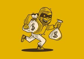 personagem ilustração do uma ladrao carregando sacos do dinheiro vetor
