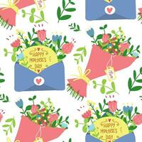 padronizar com envelopes, buquês do flores para mãe dia dentro uma plano estilo. desenho animado isolado ilustração com flores congratulatório textura dentro a Formato do uma desatado ornamento. feriado embalagem vetor