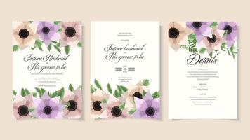 modelo de conjunto de moldura de cartão de convite de casamento lindas flores vetor