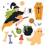 conjunto de elementos de halloween com bruxa voando na vassoura. vetor