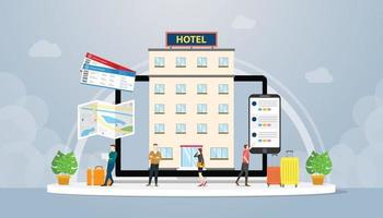 conceito de reserva de hotel online com bilhete, smartphone e mapas