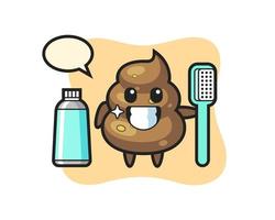 ilustração mascote de cocô com escova de dentes vetor