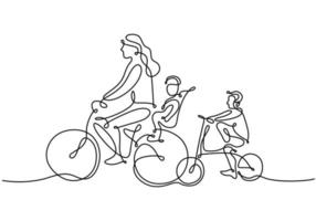um desenho de linha contínua da mãe andando de bicicleta com seu filho vetor