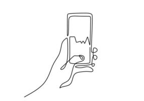desenho de linha contínua de uma mão humana segurando um smartphone vetor