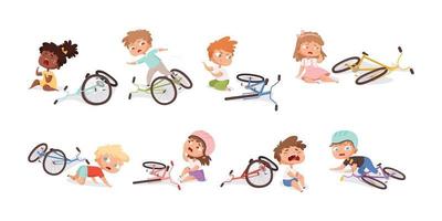 bicicleta quebrada crianças caídas de acidentes infantis infelizes de bicicleta vetor