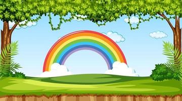fundo da cena da natureza com arco-íris no céu vetor