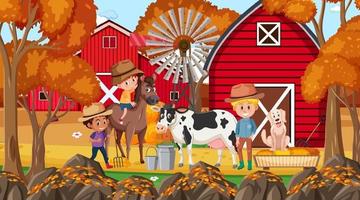 Cena de fazenda com muitas crianças personagens de desenhos animados e animais de fazenda vetor