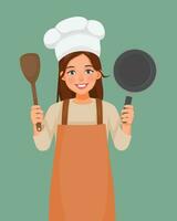 jovem mulher dentro chefe de cozinha chapéu e avental segurando concha e fritar panela vetor