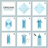 arranha-céu origami esquema tutorial comovente modelo. origami para crianças. degrau de degrau quão para faço uma fofa origami prédio. vetor ilustração.