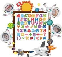 alfabeto az e símbolos matemáticos em um quadro com crianças astronautas vetor