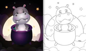livro para colorir com um hipopótamo fofo no caldeirão da bruxa vetor