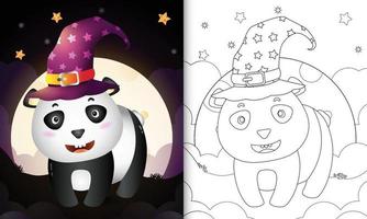 livro para colorir com um desenho bonito de halloween bruxa panda em frente à lua vetor