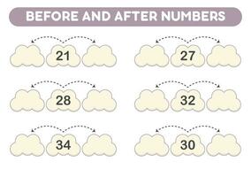 matemática jogos para crianças. antes e depois de números. imprimível fichas de trabalho. vetor