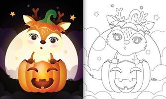 livro para colorir com um cervo fofo na abóbora de halloween vetor