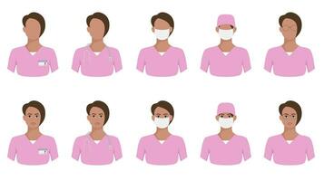 fêmea Sombrio pele médico , enfermeira avatar dentro Rosa uniforme vetor