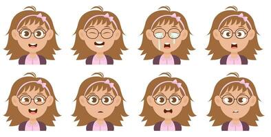 fofa pequeno menina vestindo óculos com diferente emoções vetor