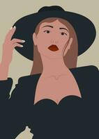 moderno parede arte estético poster com jovem mulher dentro chapéu. boho mulher dentro Preto vestir. vetor