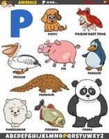 desenho animado animal personagens para carta p educacional conjunto vetor