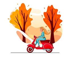 árvores do parque de outono e uma garota em uma scooter vermelha. estilo dos desenhos animados. vetor