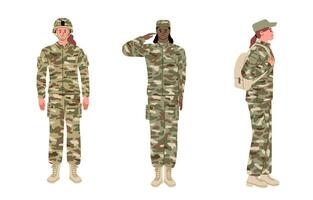 mulheres soldados definir. fêmea soldados dentro a exército. infantaria. guerra lutadores. ligar acima para armado forças. mobilização. plano vetor ilustração.