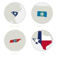 sul carolina, sul dakota, Tennessee, texas nos estados mapa contorno e nacional bandeira dentro uma círculo. vetor