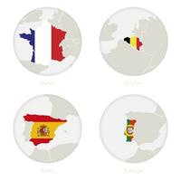 França, Bélgica, Espanha, Portugal mapa contorno e nacional bandeira dentro uma círculo. vetor