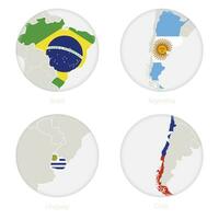 brasil, Argentina, Uruguai, Chile mapa contorno e nacional bandeira dentro uma círculo. vetor