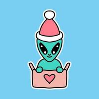 pequeno alienígena usando chapéu de Papai Noel na caixa, clipart para adesivos vetor