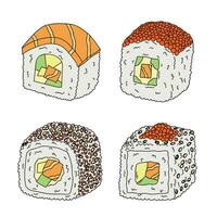 conjunto de clipart de rolo de sushi desenhado à mão. pratos da cozinha tradicional japonesa. comida asiática vetor