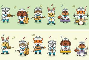 vetor ilustração do fofa animal marinheiros música banda. grande conjunto do fofa animal desenho animado dentro profissões. animal desenho animado plano estilo. gato, cachorro, coelho, esquilo, tigre e Lobo