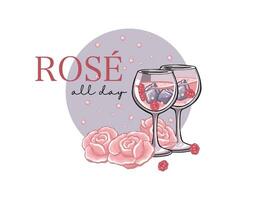 cartão Rosa champanhe romântico feriado, álcool e flores vetor