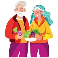 moderno idosos vegano casal segurando fresco legumes e frutas dentro seus mãos vetor ilustração.saudável comendo para idosos.sênior homem e mulher com muitos diferente legumes isolado ilustração
