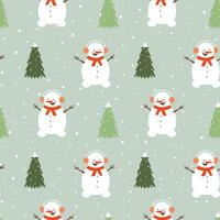 desatado padronizar com fofa boneco de neve, Natal árvore e flocos de neve. vetor plano Projeto para embrulho, tecido, papel de parede.