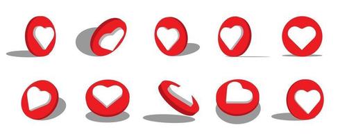 Ilustração do ícone 3d de coração com diferentes pontos de vista e ângulos