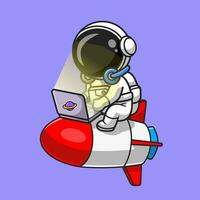 fofa astronauta trabalhando com computador portátil em foguete desenho animado vetor ícone ilustração. Ciência tecnologia ícone conceito isolado Prêmio vetor. plano desenho animado estilo