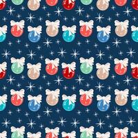 multicolorido vidro Natal bolas com arcos em uma Sombrio azul fundo com estrelas. vetor ilustração desatado padronizar para embalagem, têxtil, papel de parede